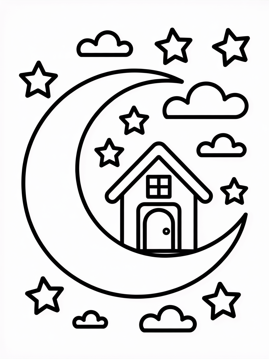 house in moon - Free Coloring Page