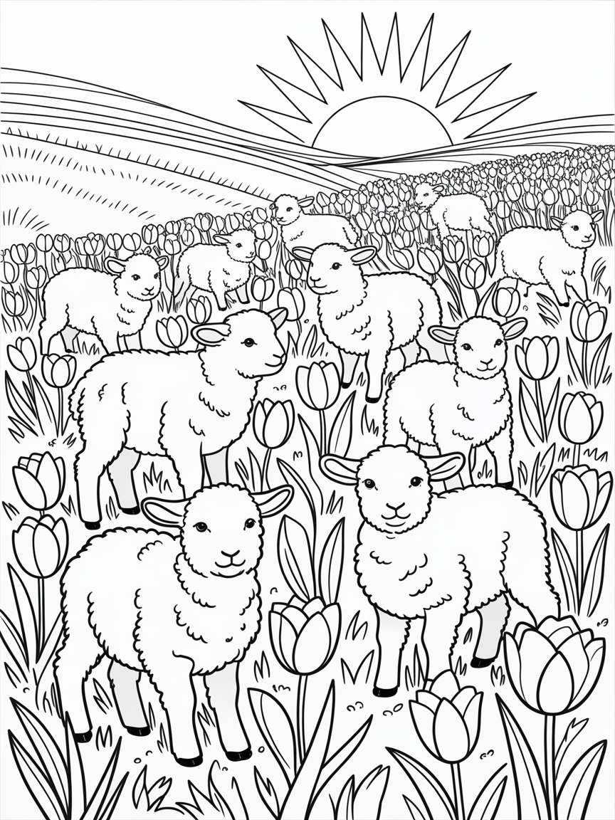 lamb tulips sun - Free Coloring Page