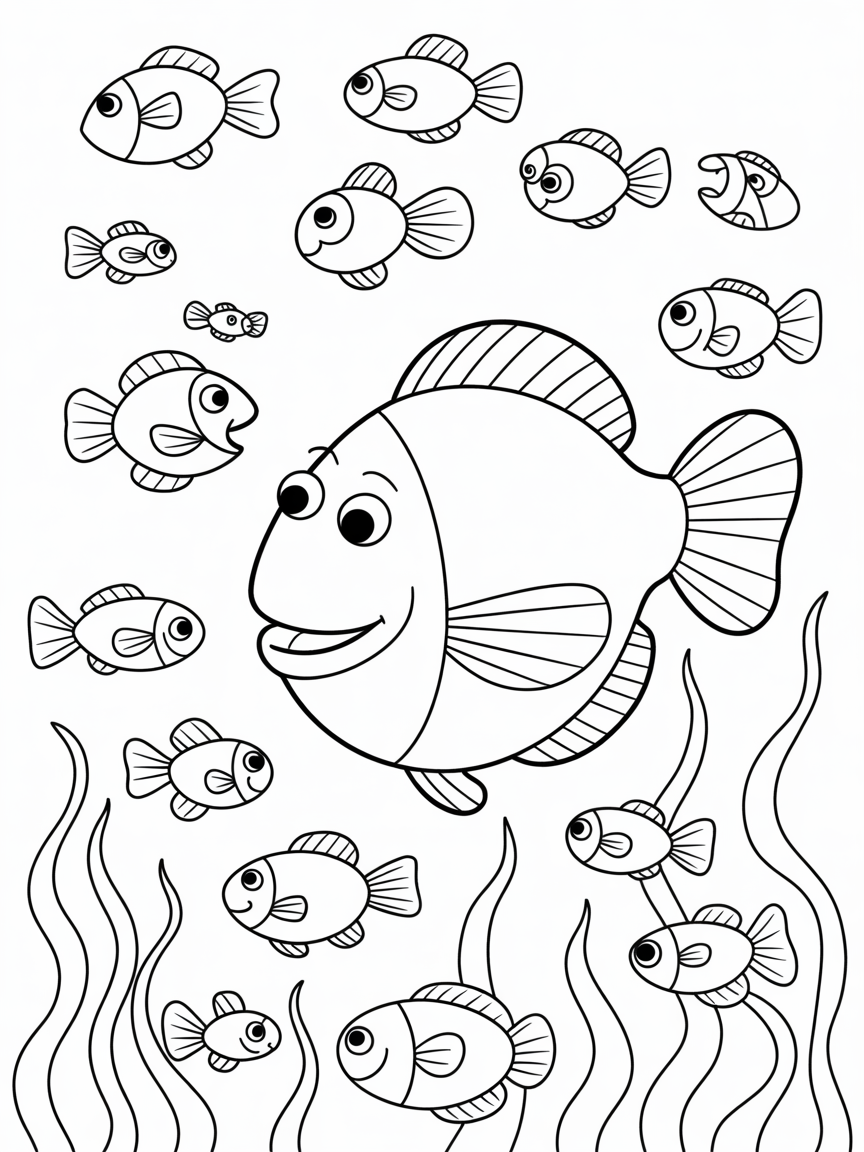 a big fish in a garden of fishes - Free Coloring Page
