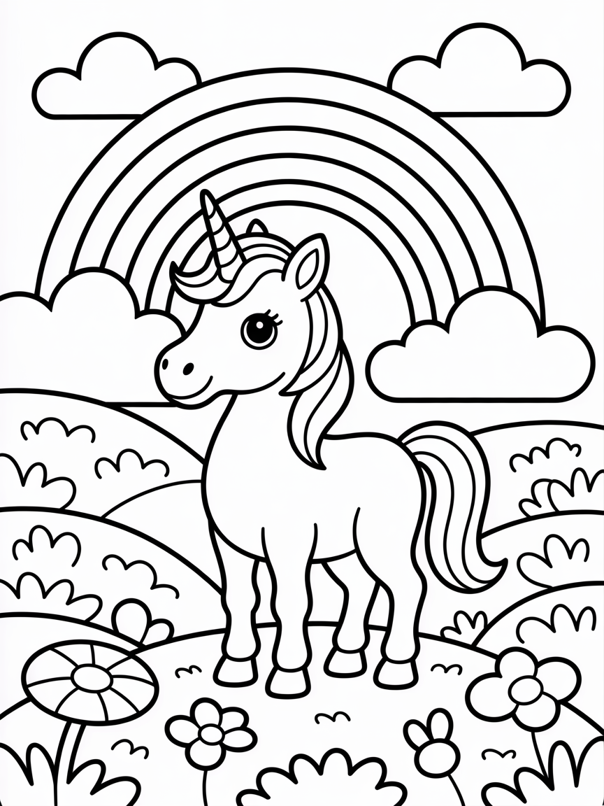 Unicorn rainbow land - Free Coloring Page