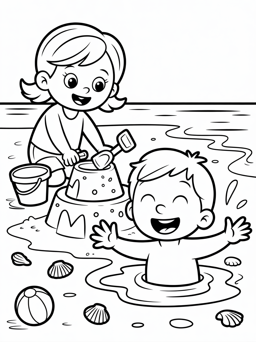 A girl with her little brother playing in the sand - Free Coloring Page