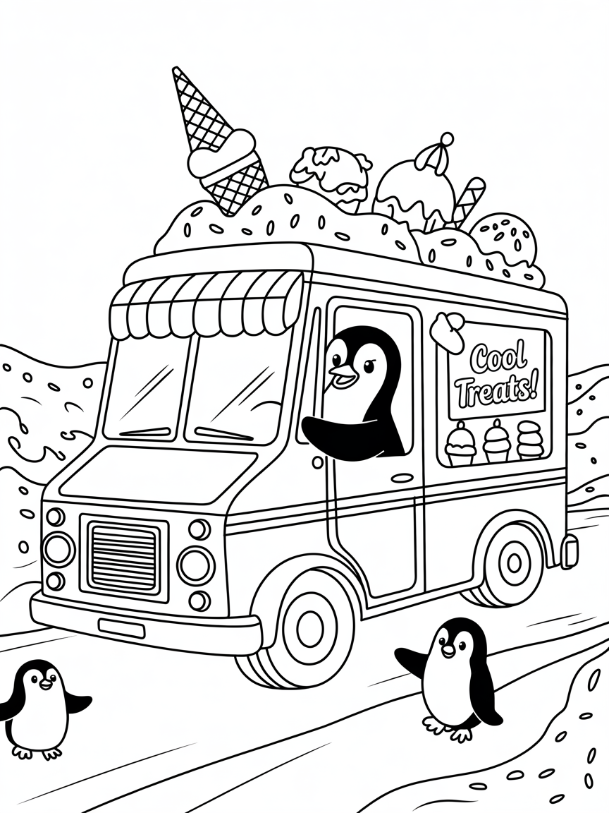 Penguin driving an ice cream truck - Free Coloring Page