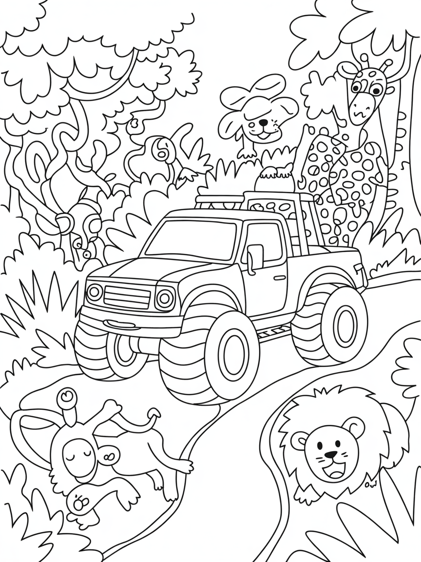 A monster truck driving full throttle through a jungle with animals - Free Coloring Page