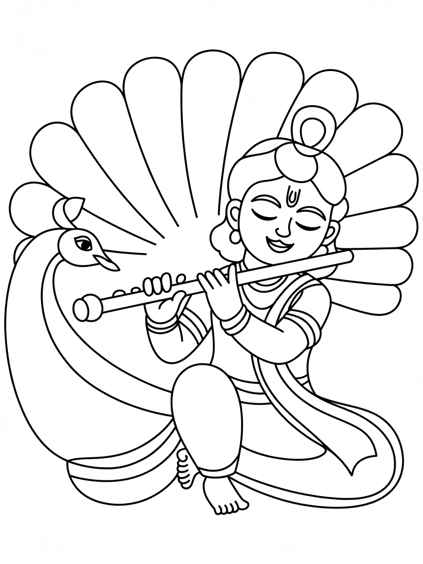krishna with peacock flower - Free Coloring Page