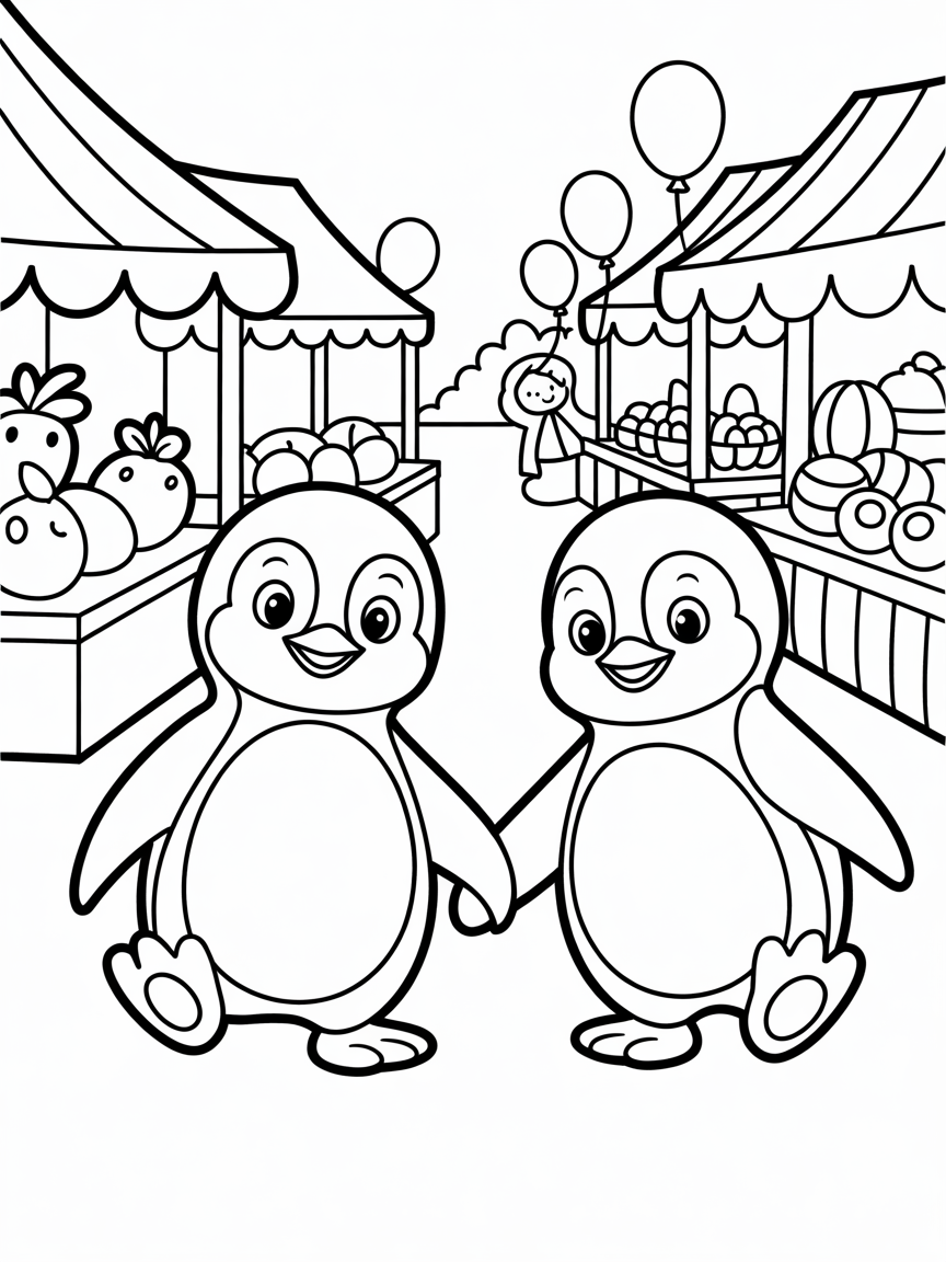 A couple of penguins holding hands while walking through a estate fair - Free Coloring Page