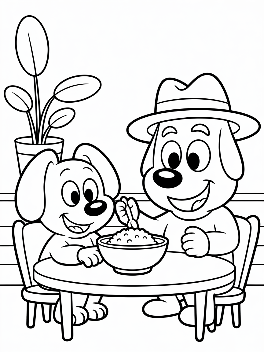 Dogman and Petey eating rice together - Free Coloring Page