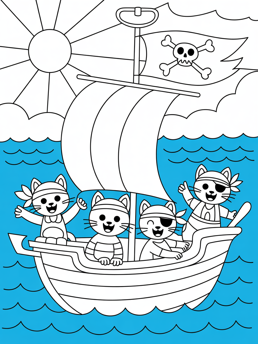 Pirate cats sailing high seas - Free Coloring Page