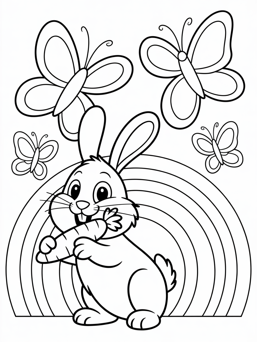 A rabbit eating a carrot with a rainbow behind him and some butterflies - Free Coloring Page