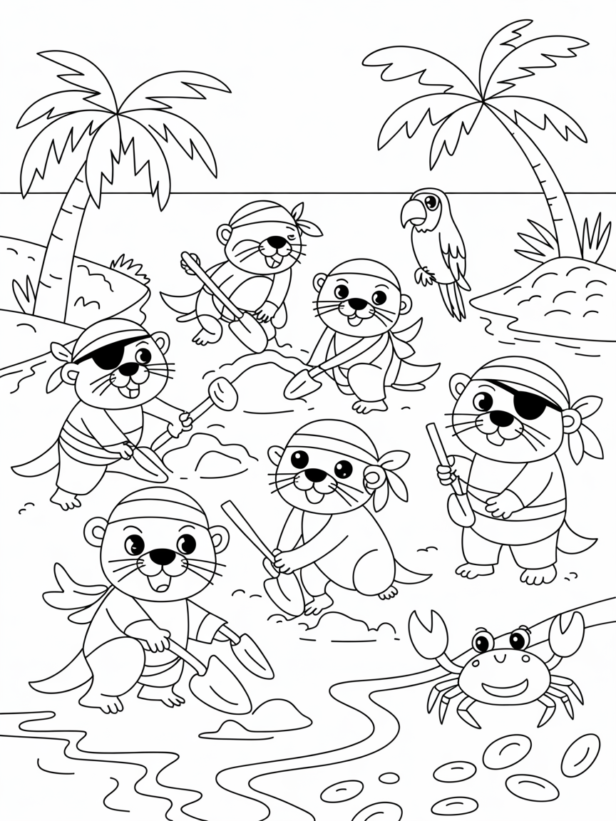 Pirate otters on a treasure hunt - Free Coloring Page