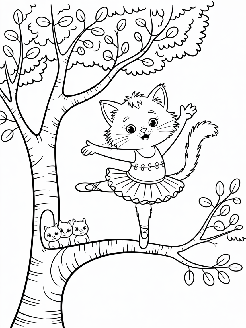 a cat in a tree performing ballet - Free Coloring Page