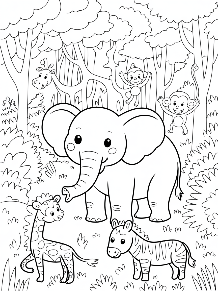 Elephant forest and wild animals - Free Coloring Page