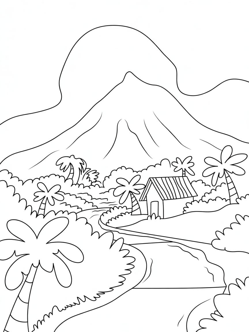 A beautiful sunrise, a mountain, green village with a house and bit of coconut trees around it. Also a river flowing from mountain - Free Coloring Page