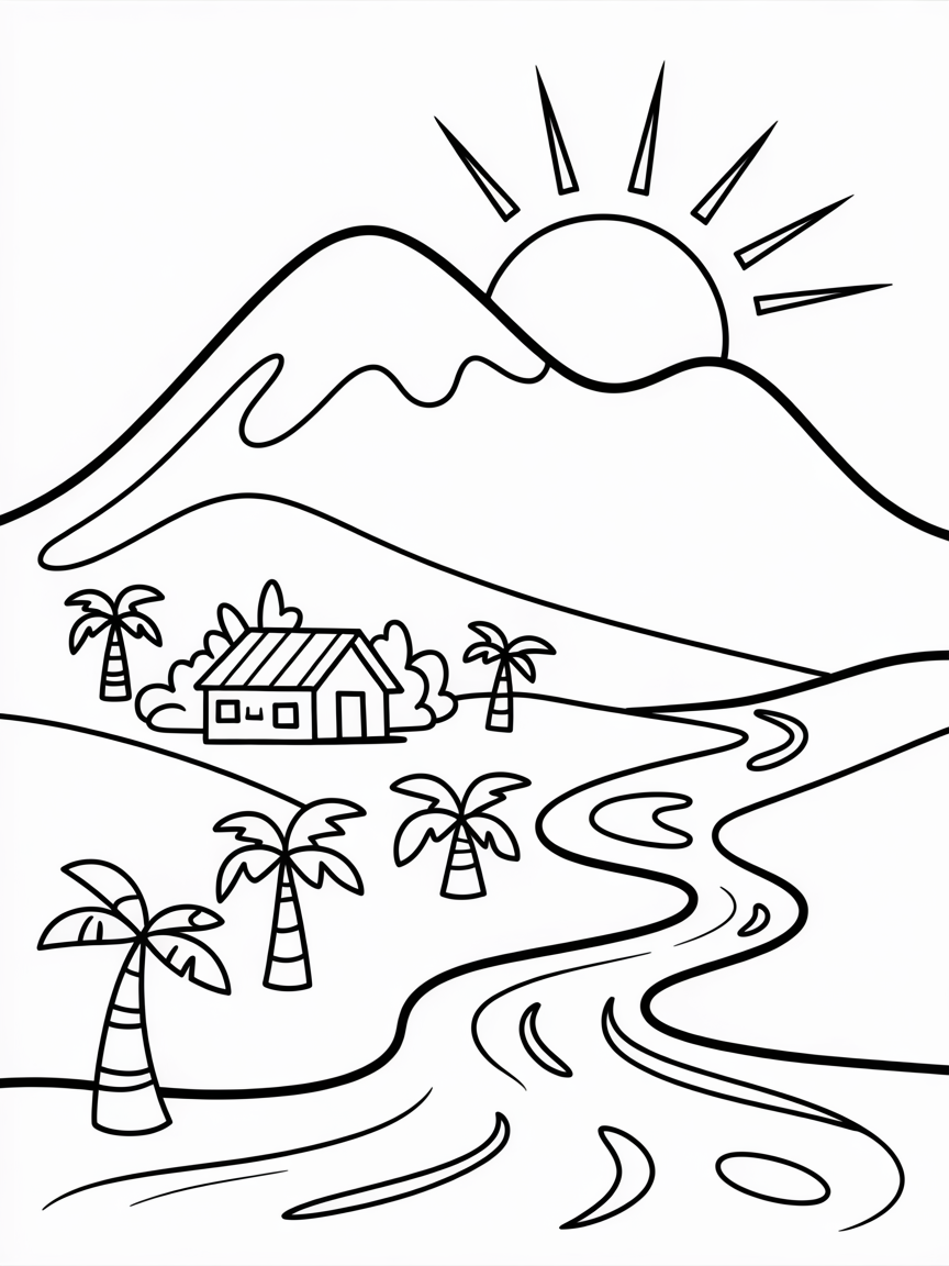 A mountain, green village with a house and bit of coconut trees around it. Also a river flowing from mountain. Show sun rising up in mountain - Free Coloring Page
