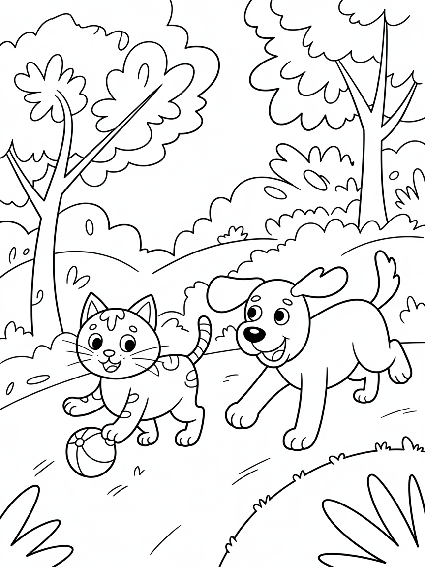 Cat and dog frienda on forest - Free Coloring Page