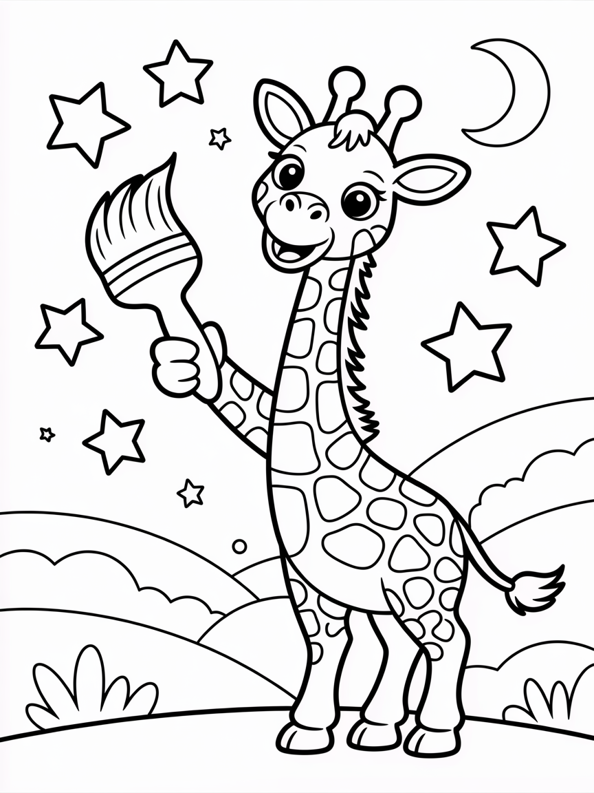 Giraffe painting the night sky - Free Coloring Page