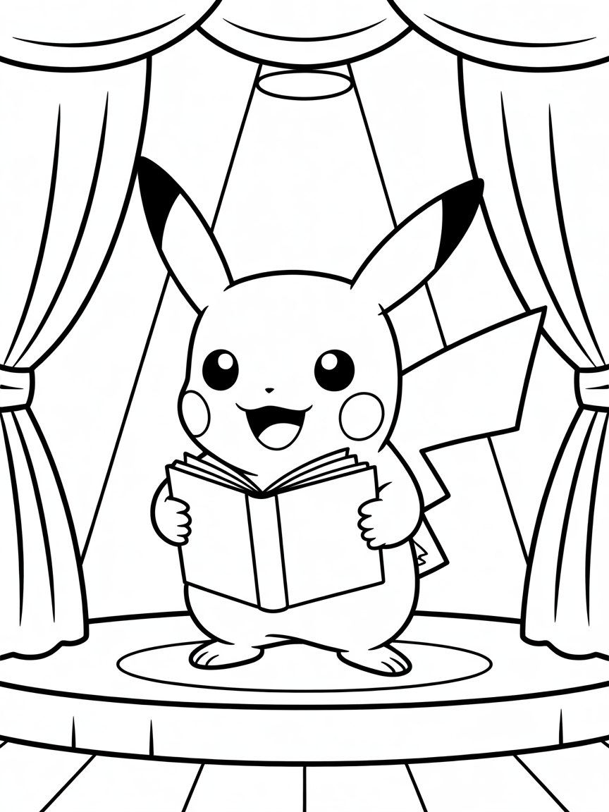 pikachu is reading lines in stage - Free Coloring Page