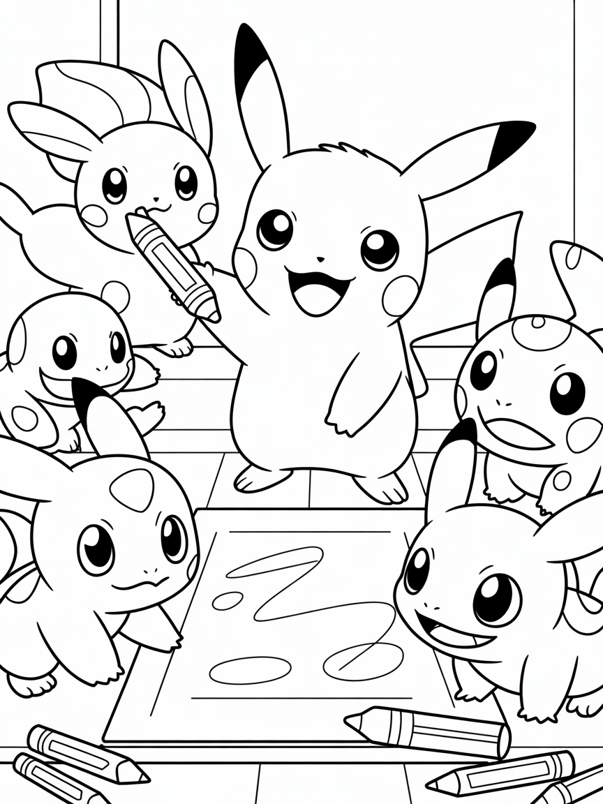 pikachu is learing lines with other pokemon in stage - Free Coloring Page