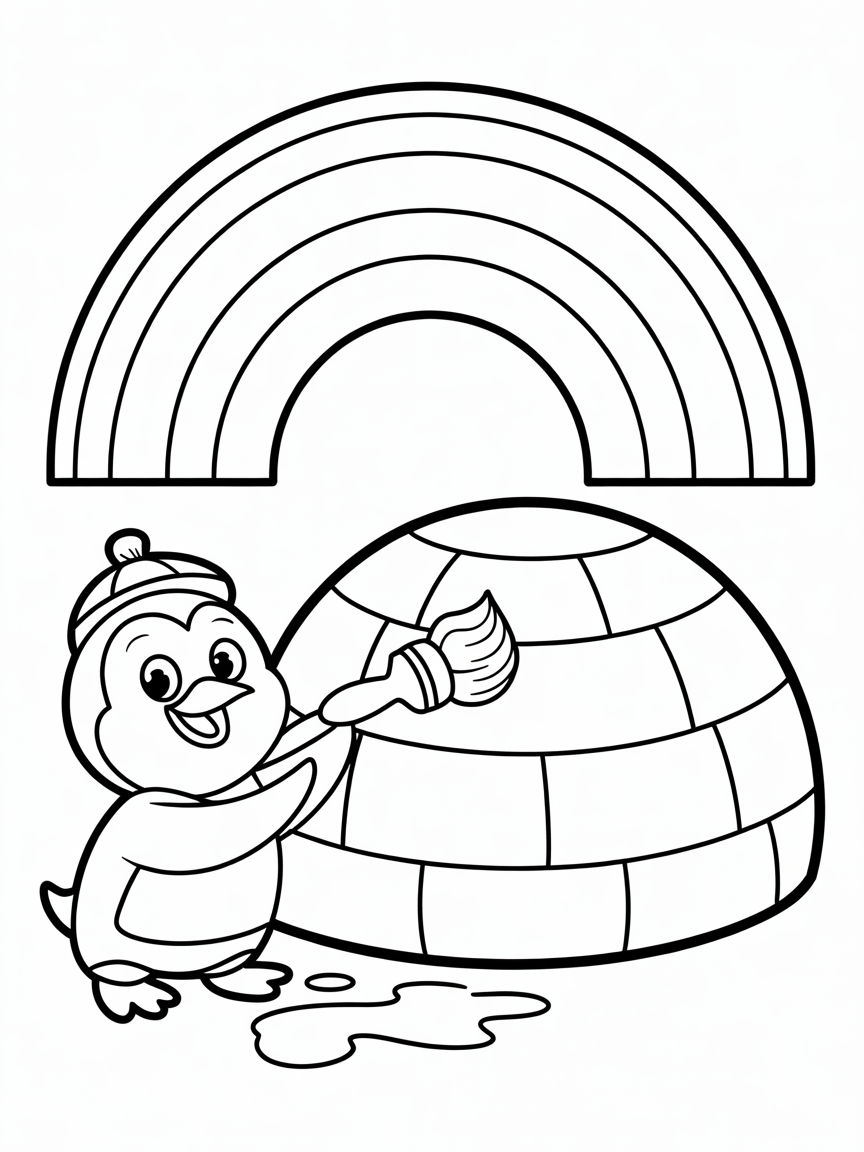 Penguin painting an igloo rainbow - Free Coloring Page