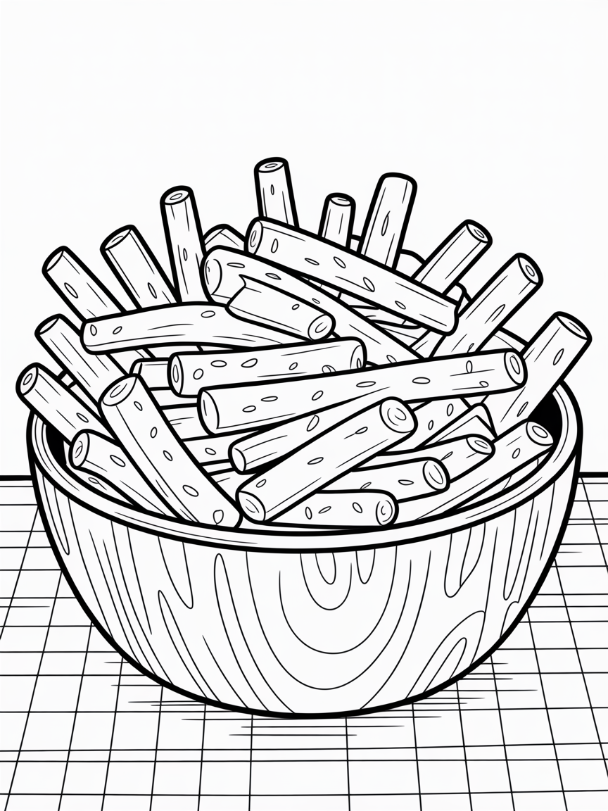 A slightly overhead close-up shot of a wooden bowl overflowing with golden brown, crispy potato sticks French fries or 