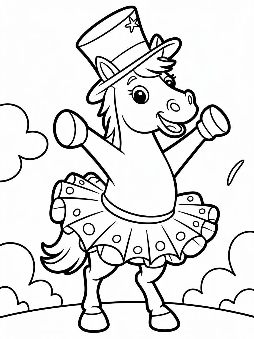 A dancing horse standing up wearing a silly hat and a tutu - Free Coloring Page