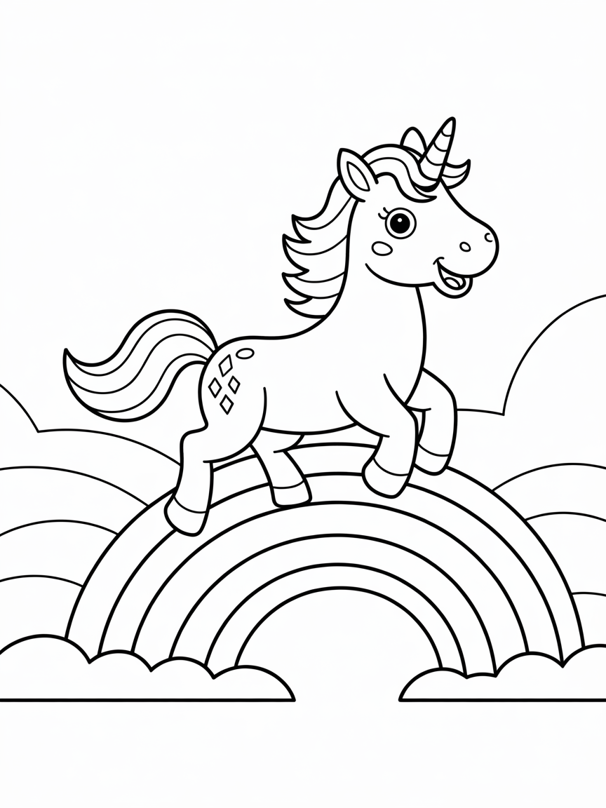 A unicorn surfing on a floating rainbow - Free Coloring Page