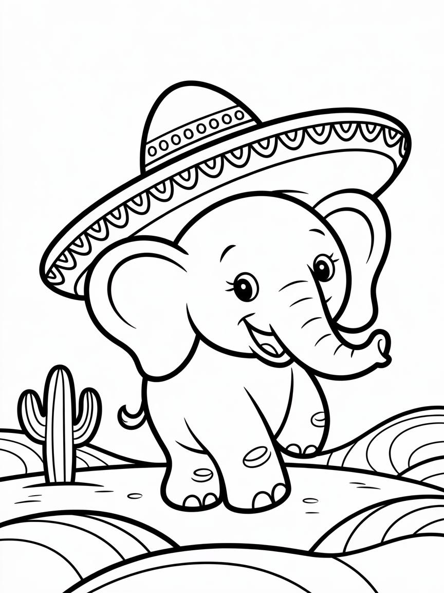 an elephant wearing a sombrero - Free Coloring Page