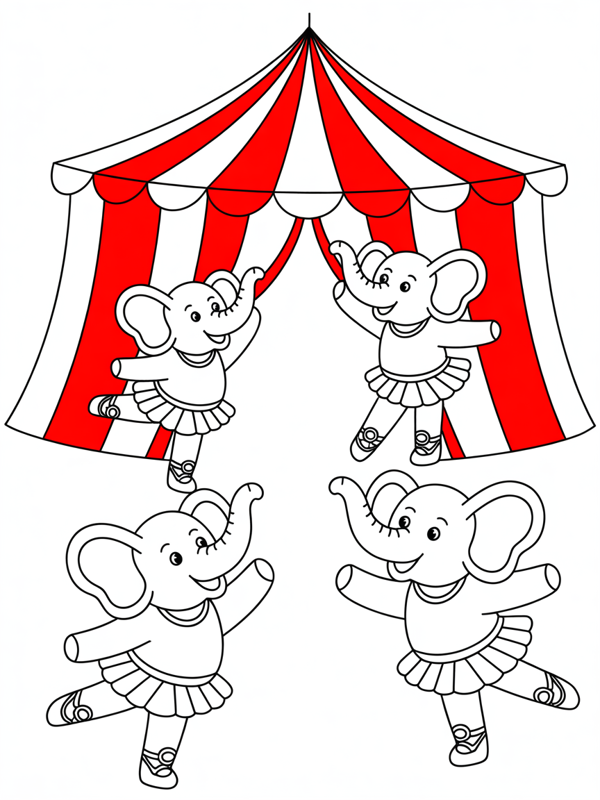 Ballet-dancing elephants in a circus tent - Free Coloring Page