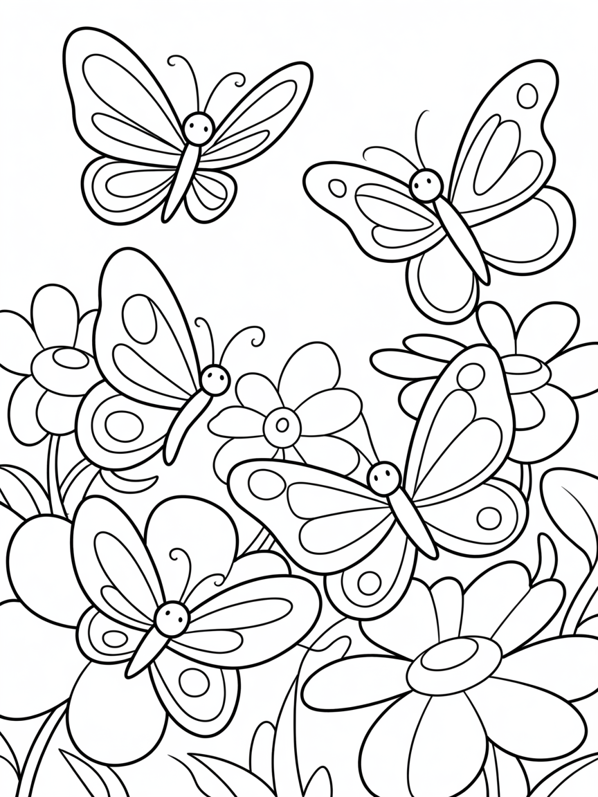 Butterflies in flowers - Free Coloring Page
