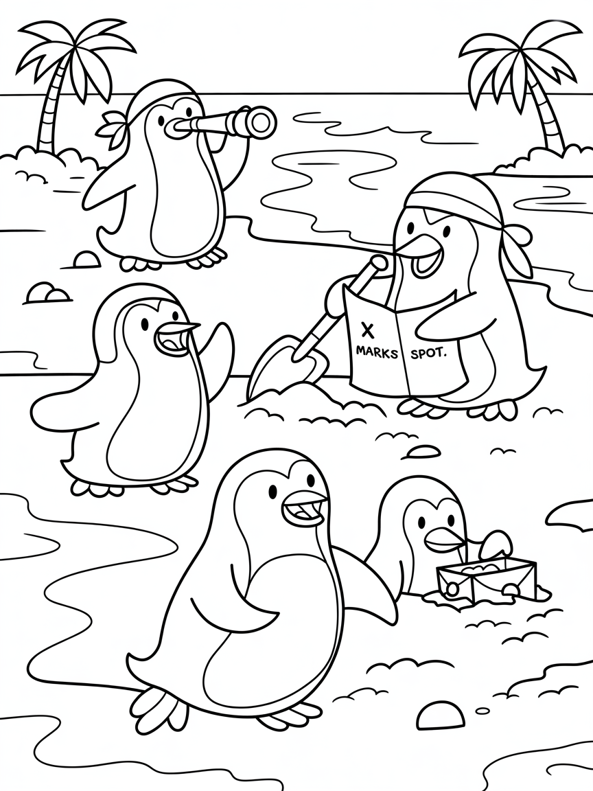 Pirate penguins having a treasure hunt - Free Coloring Page