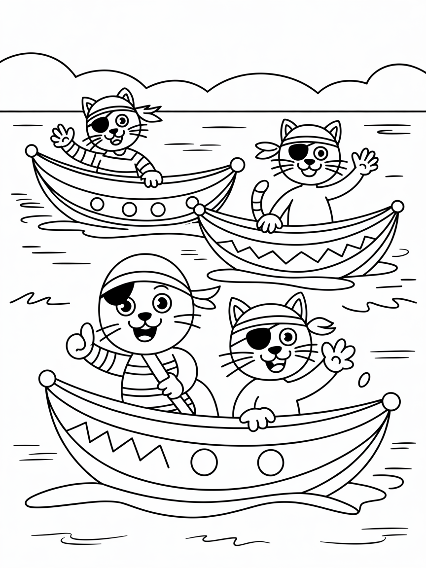 Pirate cats sailing banana boats - Free Coloring Page