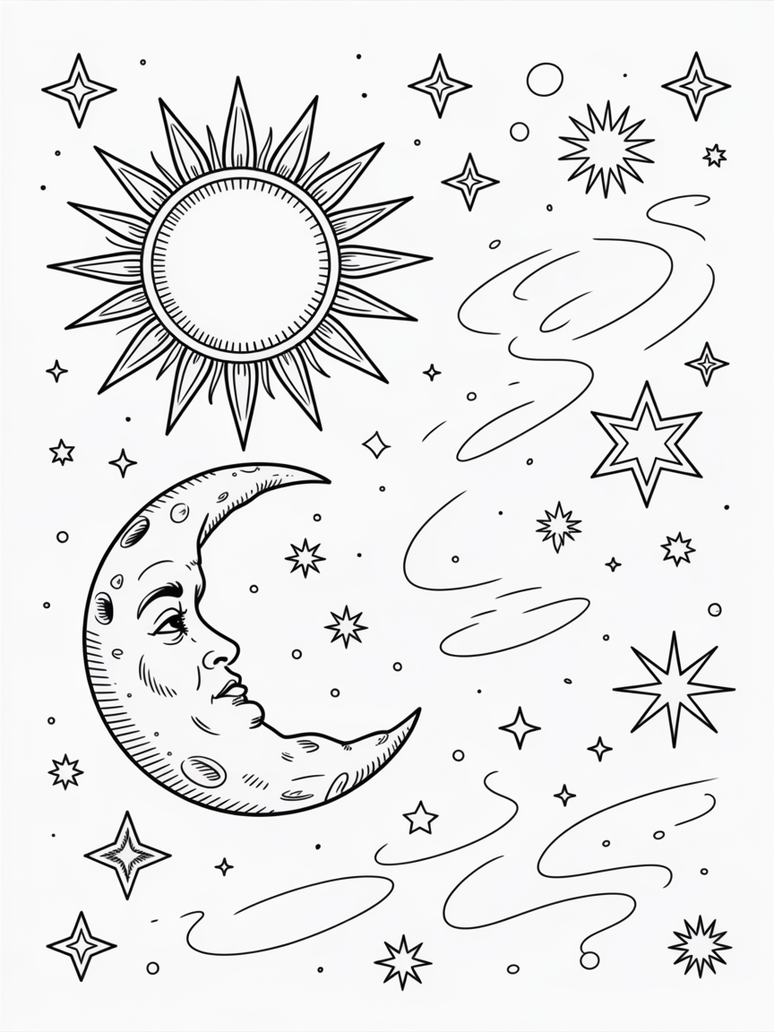 Celestial Sun, Moon and Stars - Free Coloring Page