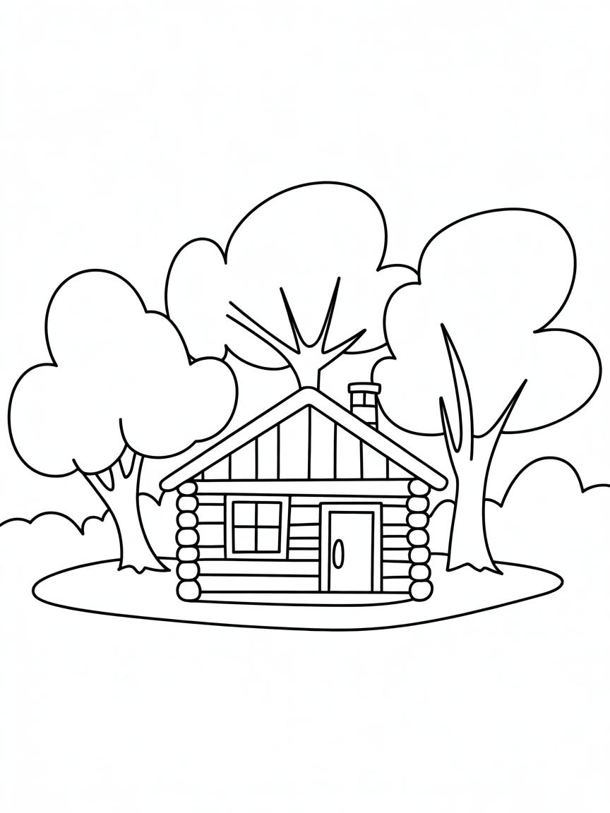 cabin in the wood, not so many trees - Free Coloring Page