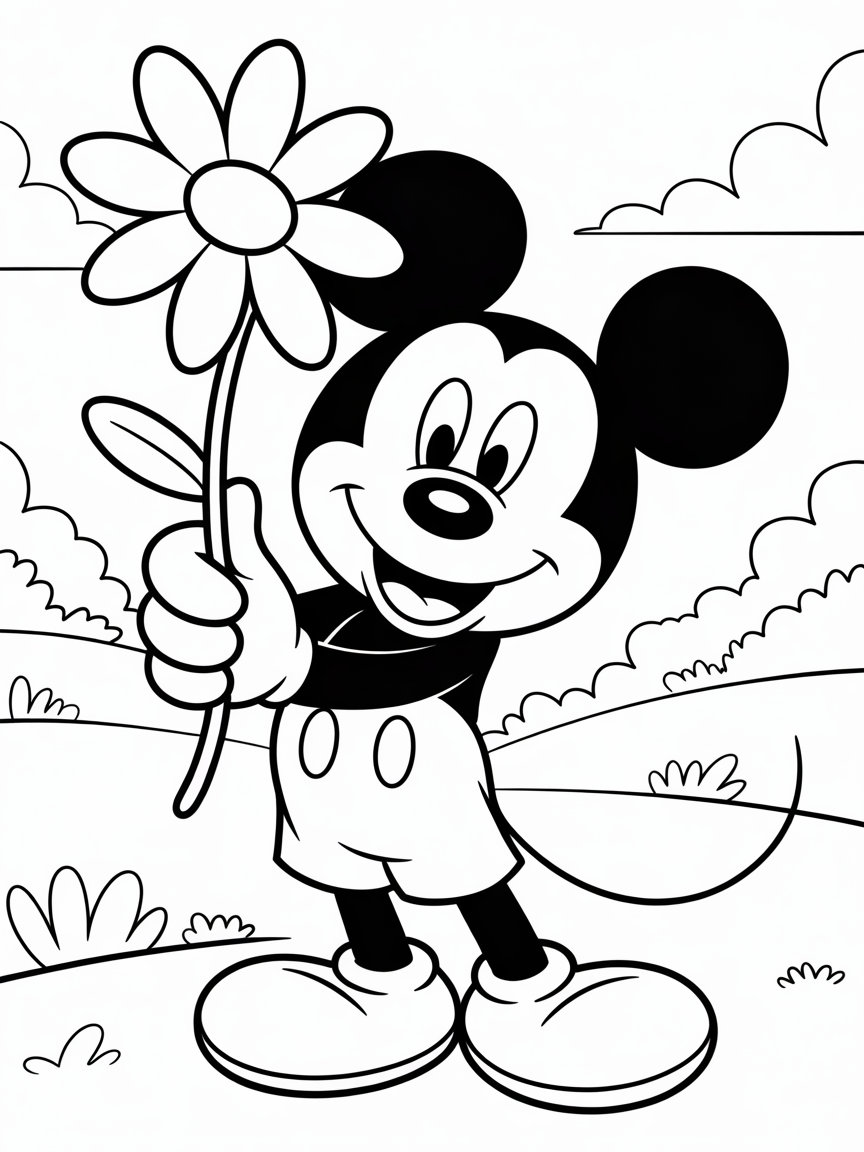 Daisy flower and mickey Mouse - Free Coloring Page