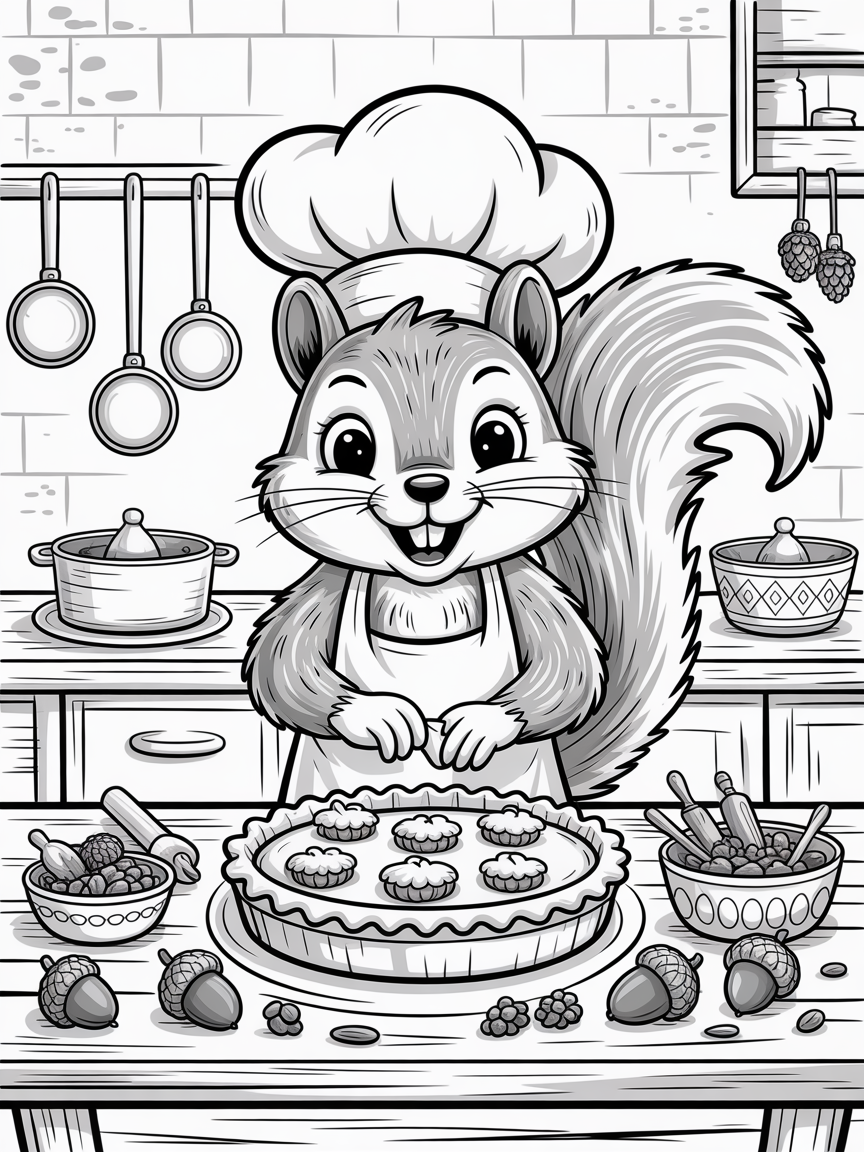 Squirrel chef baking acorn pies - Free Coloring Page