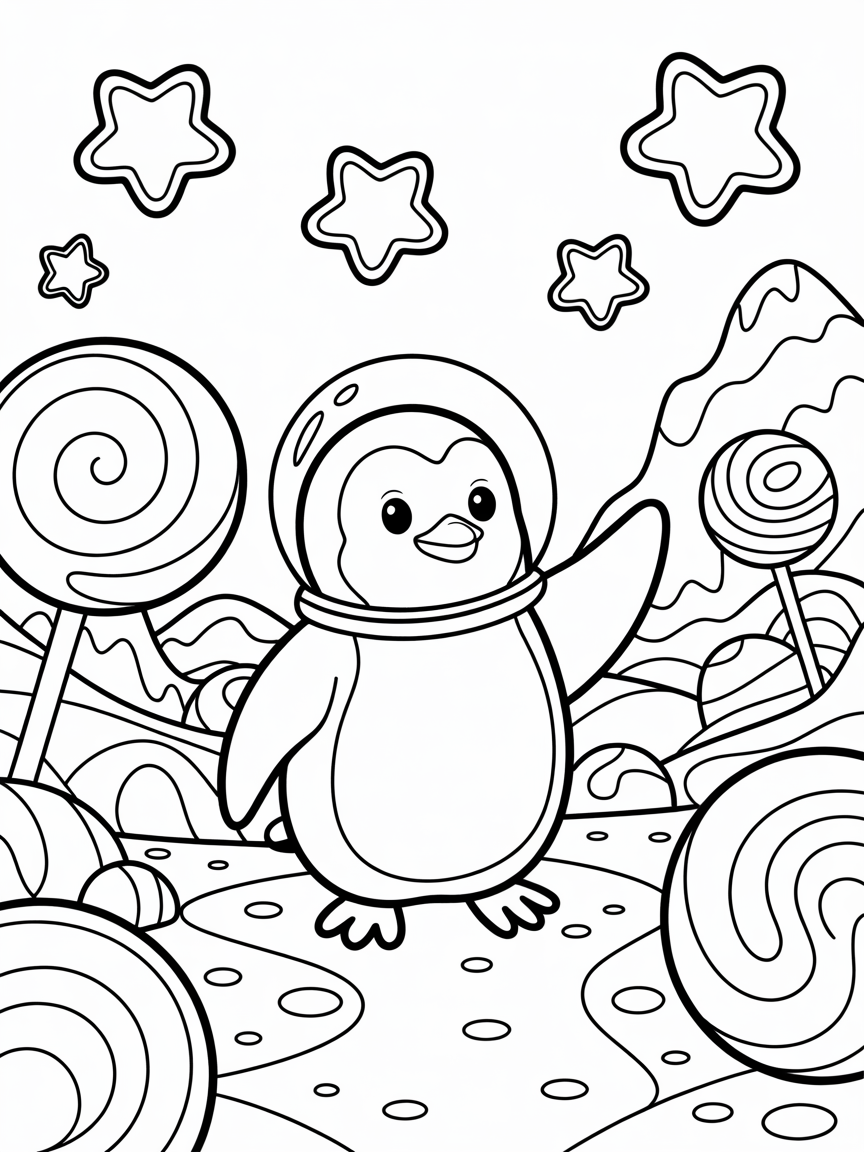 Space penguin exploring a candy planet - Free Coloring Page