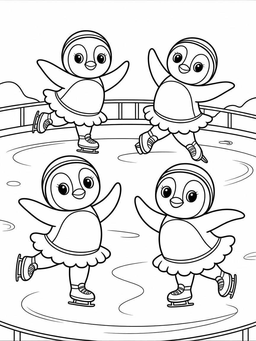 Ballet-dancing penguins on ice skates - Free Coloring Page