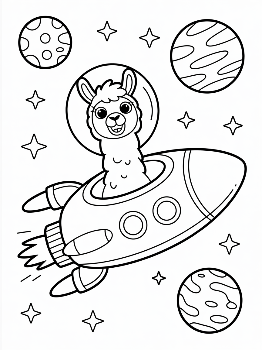 Llama in a spaceship exploring planets - Free Coloring Page