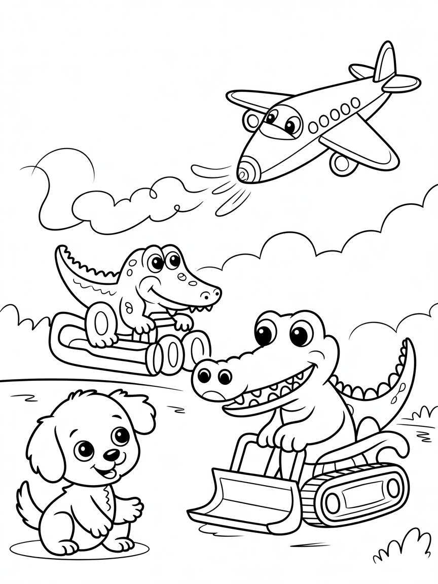 Crocodile digger puppy jet plane - Free Coloring Page