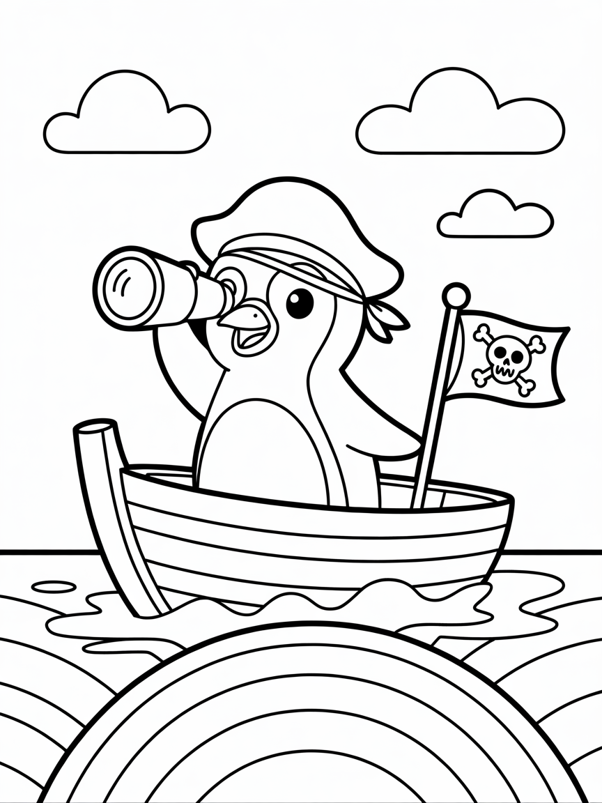 Pirate penguin sailing on rainbow seas - Free Coloring Page