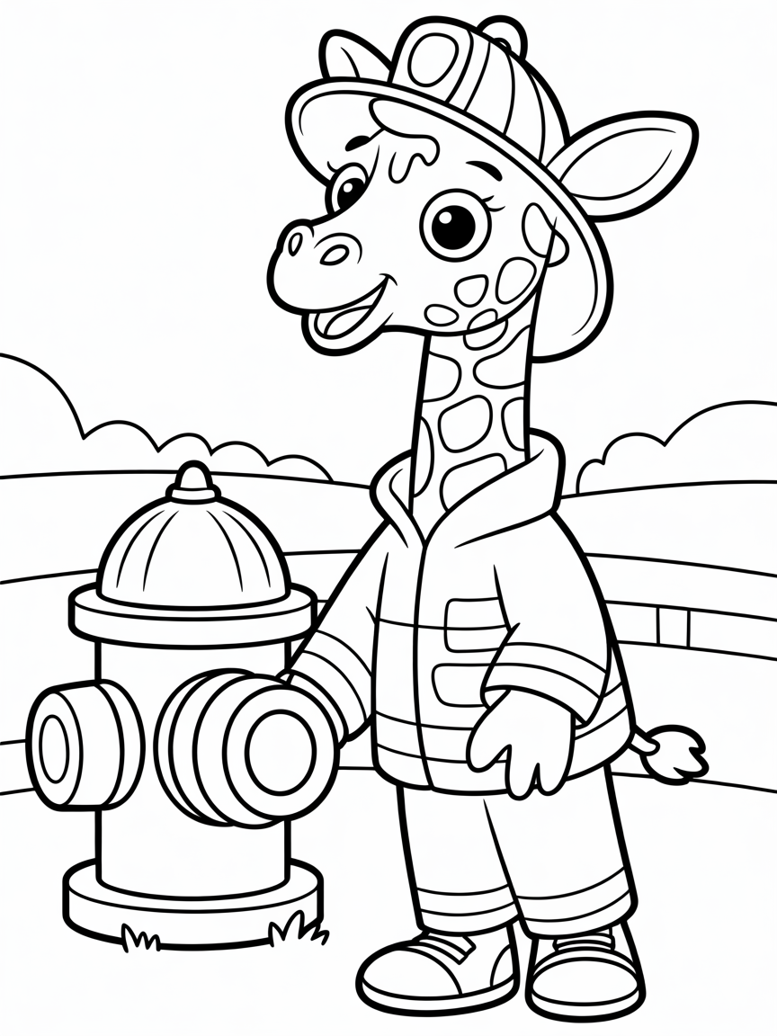 Giraffe dressed as a firefighter - Free Coloring Page
