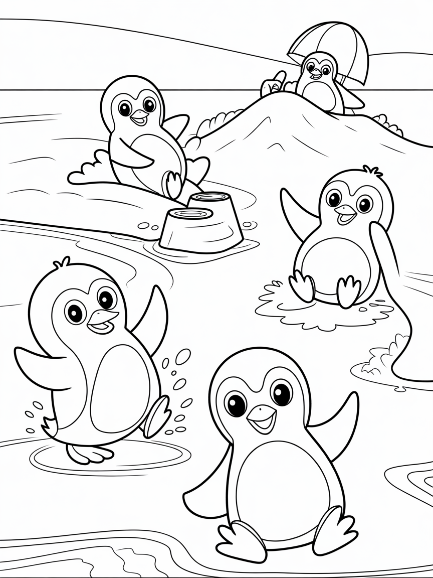 Happy Penguins enjoying the sun and the beach - Free Coloring Page
