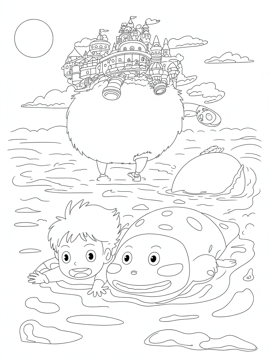 Iconic Scenes from Guibli movies: Howl's moving castle and Ponyo - Free Coloring Page