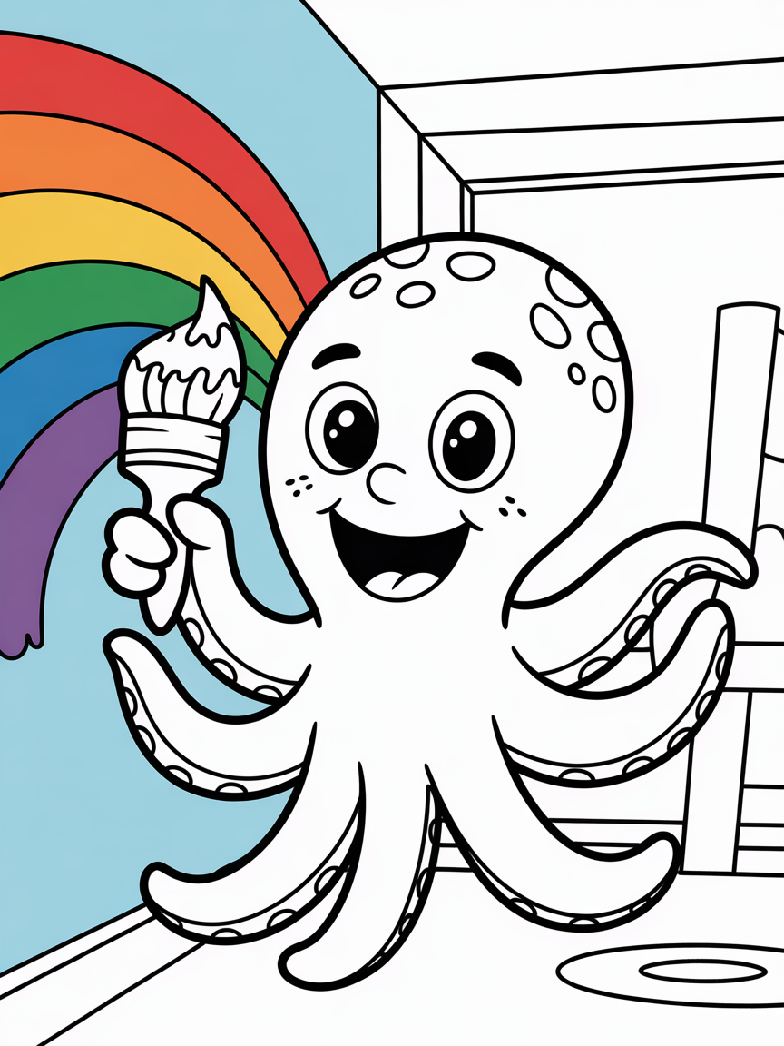 Octopus painting a rainbow mural - Free Coloring Page