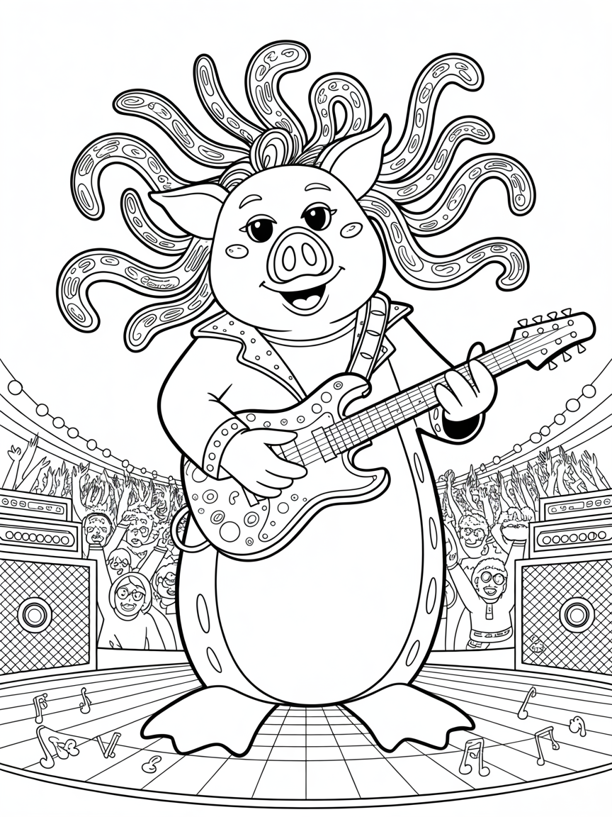 Cerdo rockero con tentaculos y pies de pinguinos - Free Coloring Page