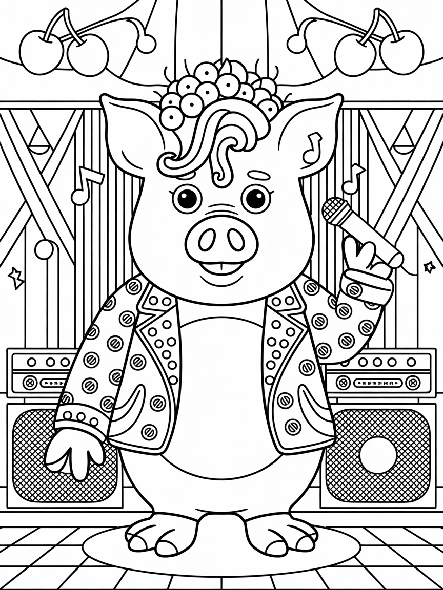 Cerdo rockero con tentaculos y pies de pinguinos y años de cerezas - Free Coloring Page