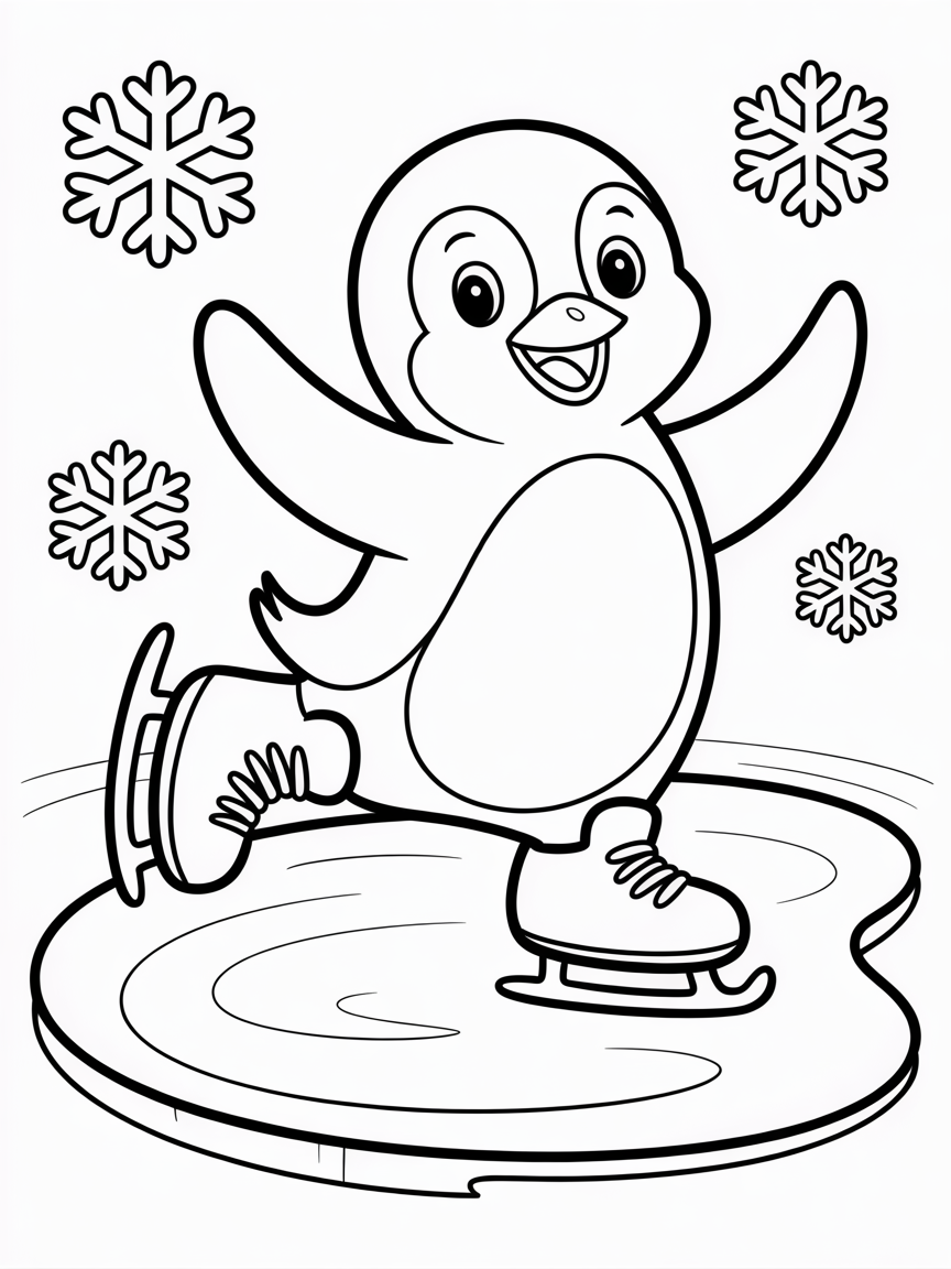 Penguin ice-skating in rainbow boots - Free Coloring Page