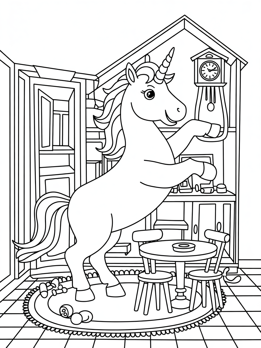 A unicorn playing in a dollhouse - Free Coloring Page