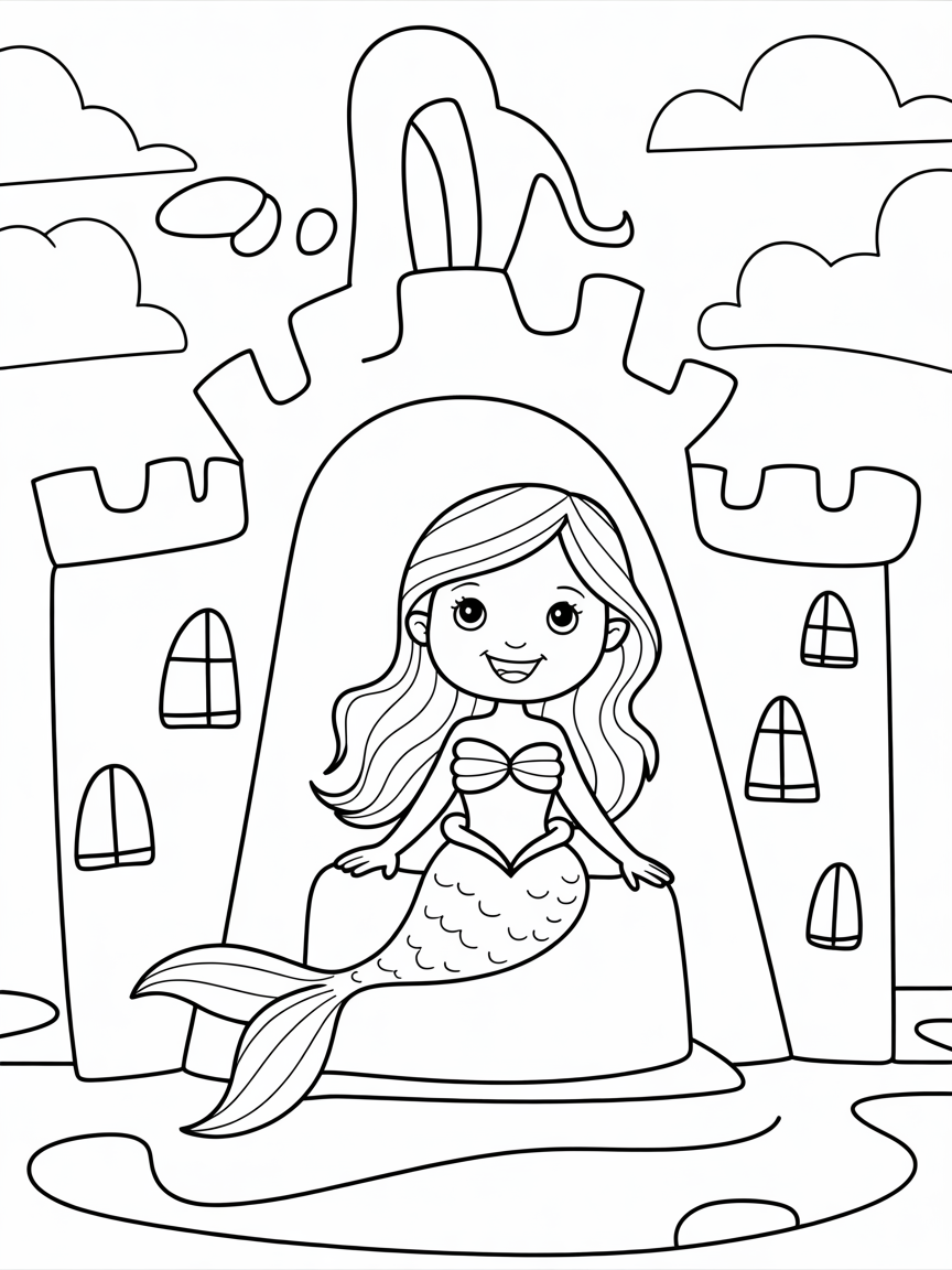 Mermaid in a knights Castle - Free Coloring Page