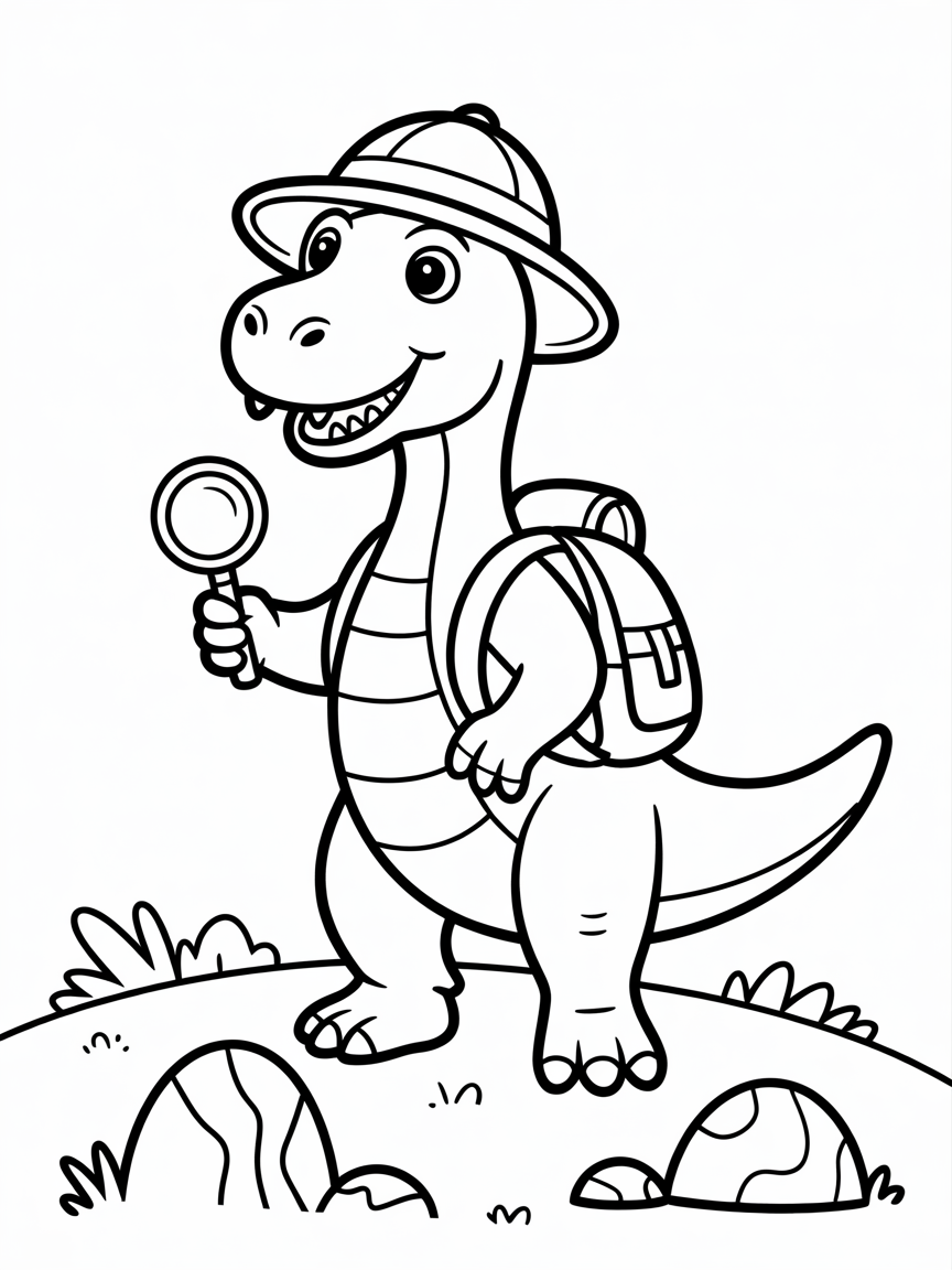 A dinasour dress as an explorer - Free Coloring Page