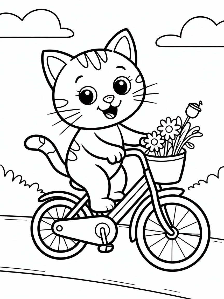 a cat on a bike - Free Coloring Page